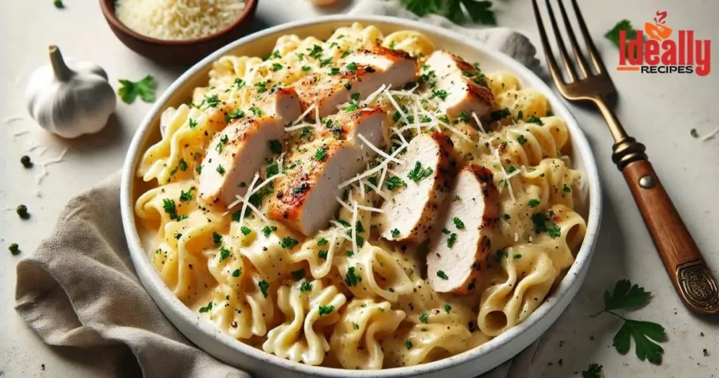 Bowl of creamy Garlic Parmesan Chicken Pasta garnished with parsley, showcasing a comforting, rich sauce over tender pasta and juicy chicken pieces.