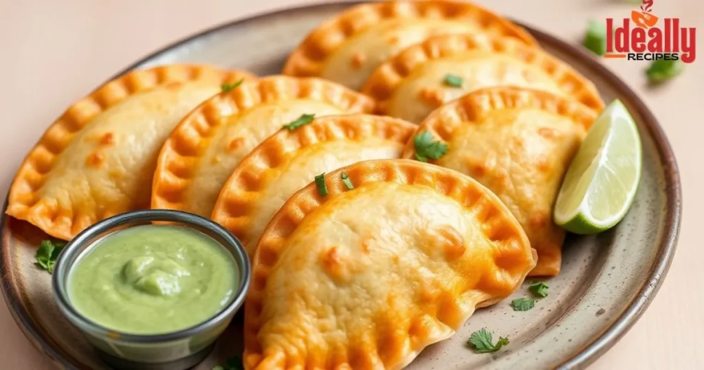 Crispy empanadas venezolanas filled with cheese and shredded beef, served with dipping sauces on a wooden platter.