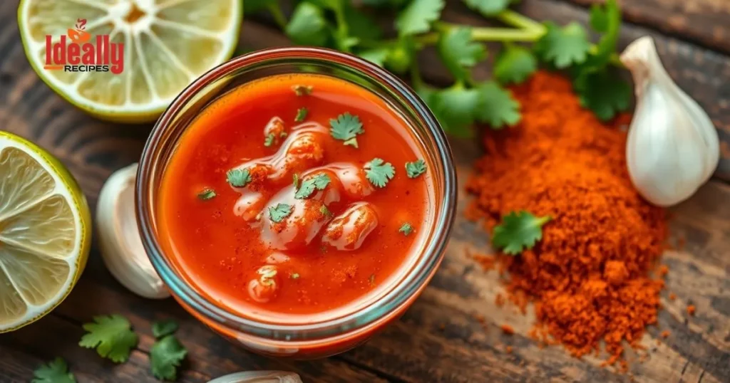 Vibrant homemade fajita sauce in a bowl with fresh ingredients like lime, cilantro, and spices.