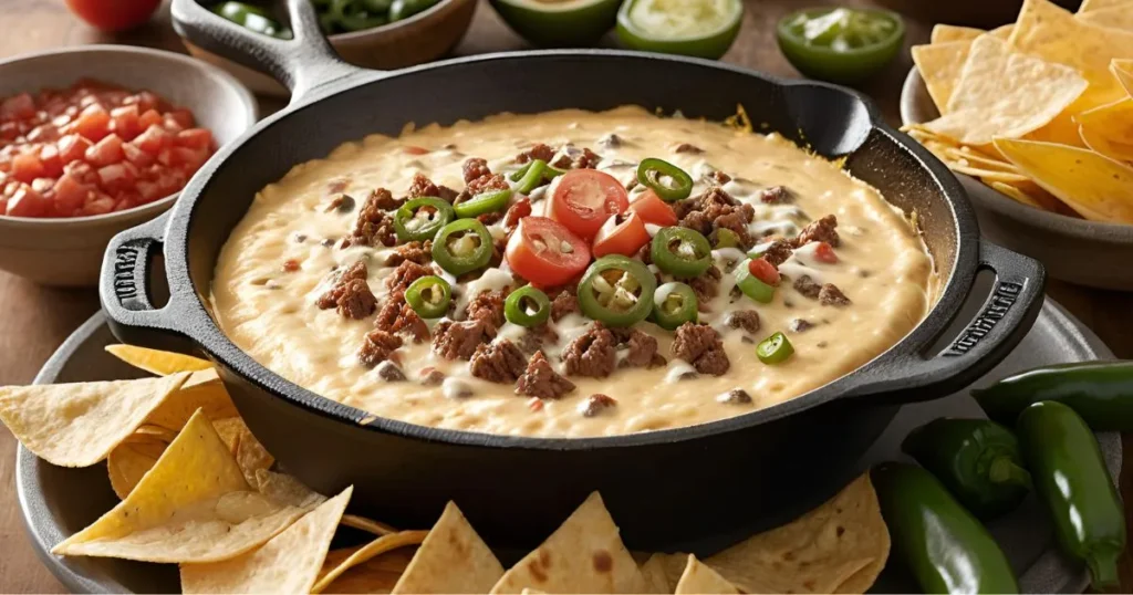 Delicious smoked queso recipe with melted cheese and jalapeños in a cast-iron skillet served with tortilla chips.