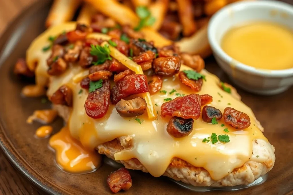 Close-up of Alice Springs Chicken topped with melted cheese, crispy bacon, and sautéed mushrooms, garnished with fresh parsley and served with honey mustard dipping sauce on a rustic wooden table