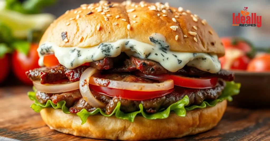 Juicy Black and Blue Burger topped with melted blue cheese, crispy bacon, and fresh greens on a toasted brioche bun, served with sweet potato fries.