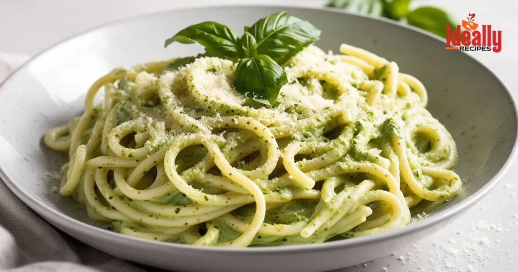 Homemade pesto alfredo sauce over pasta with fresh basil and Parmesan cheese – a creamy, flavorful dish perfect for pasta lovers