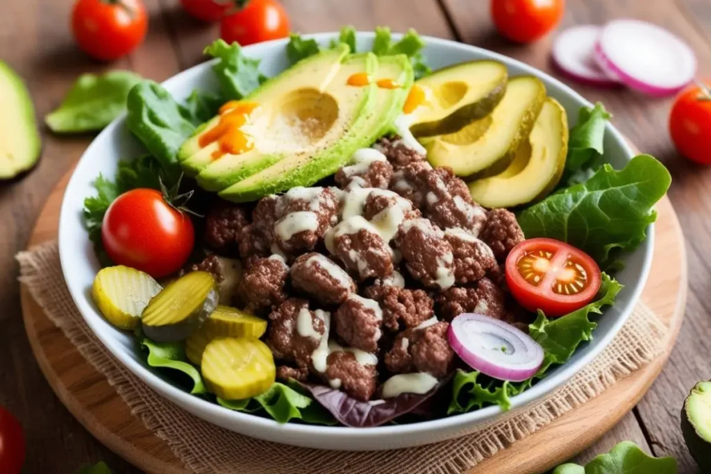 Burger bowl ingredients arranged on a table