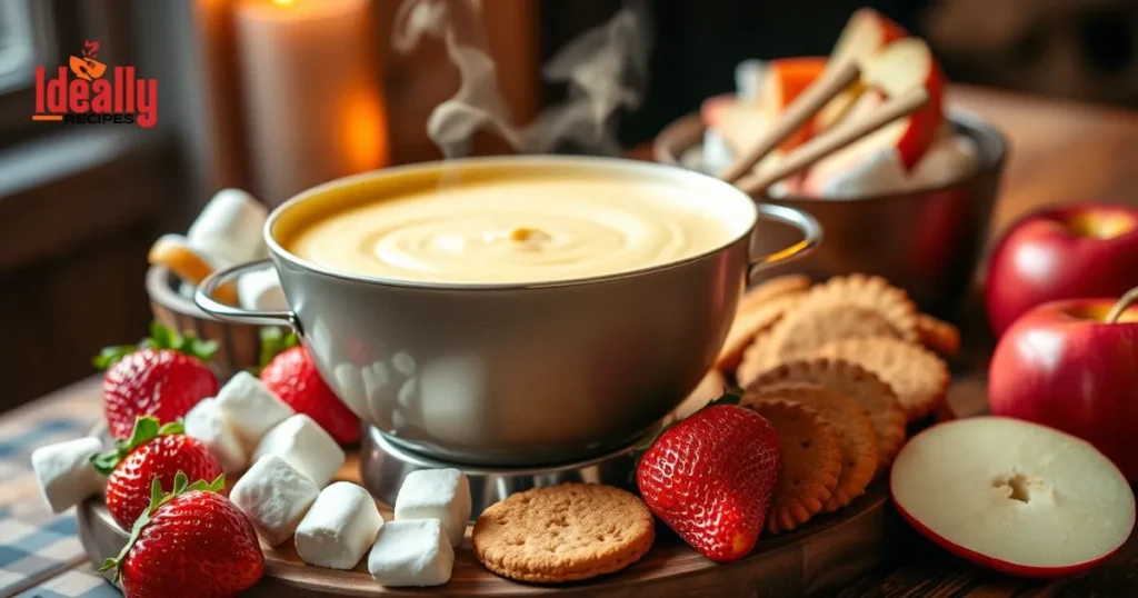 Bowl of creamy cheesecake fondue with fresh strawberries, marshmallows, and cookies as dippers