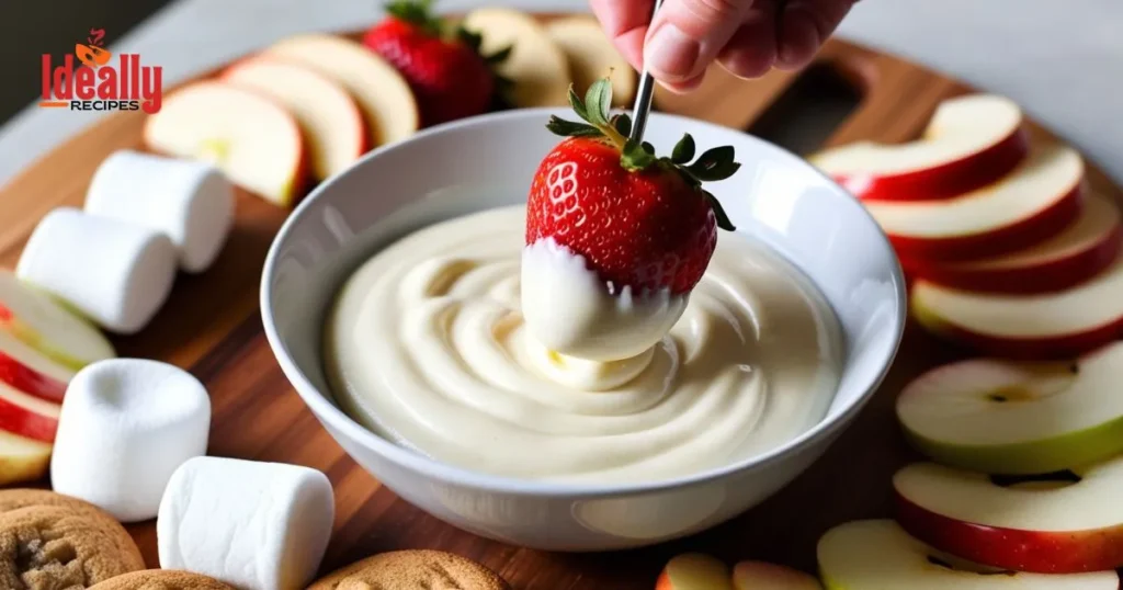 Bowl of creamy cheesecake fondue with fresh strawberries, marshmallows, and cookies as dippers