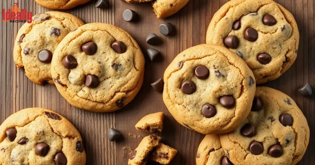 Top-down view of freshly baked chocolate chip cookies without brown sugar, arranged on a rustic wooden surface with visible chocolate chips and a few cookie crumbs for added detail.