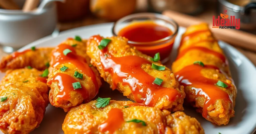 Crispy hot honey chicken tenders drizzled with sweet and spicy sauce served on a plate with dipping sauce.