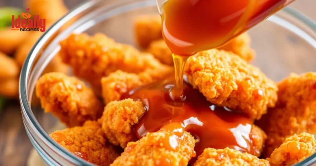 Crispy hot honey chicken tenders drizzled with sweet and spicy sauce served on a plate with dipping sauce.