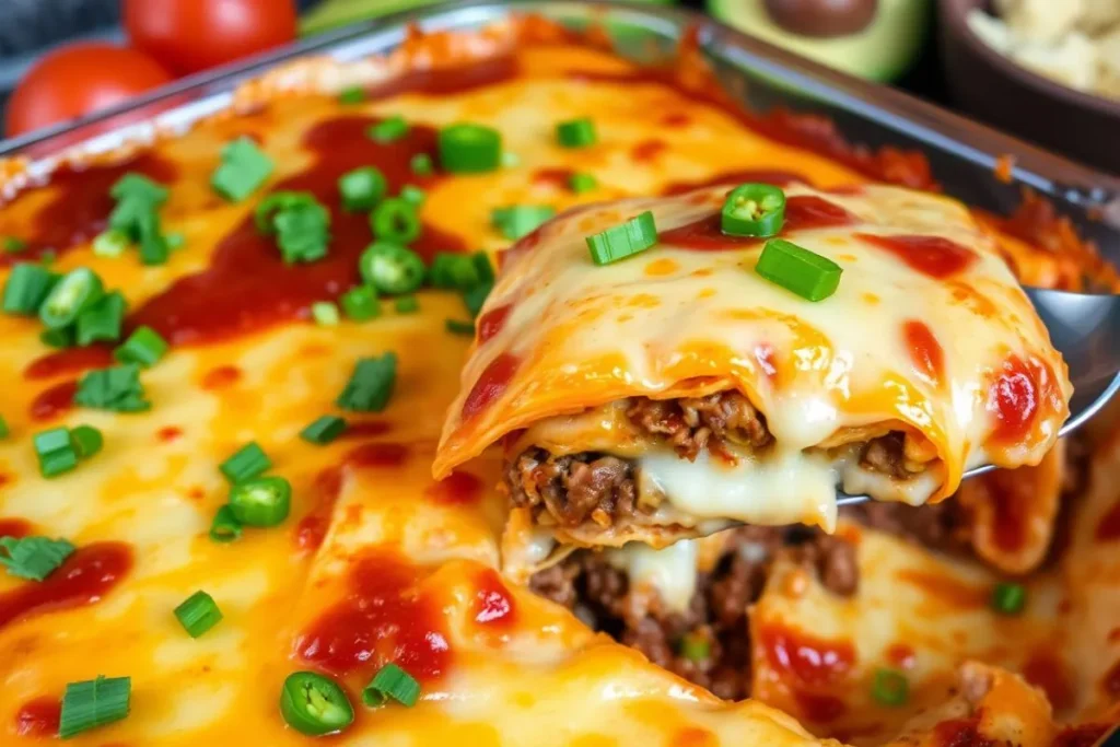 Layered taco lasagna with tortillas, ground beef, salsa, and melted cheese, topped with fresh cilantro and served in a baking dish