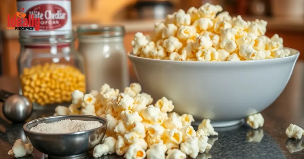 Bowl of white cheddar popcorn with seasoning, perfect cheesy snack for movie nights