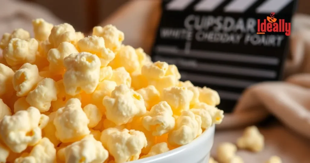 Bowl of white cheddar popcorn with seasoning, perfect cheesy snack for movie nights