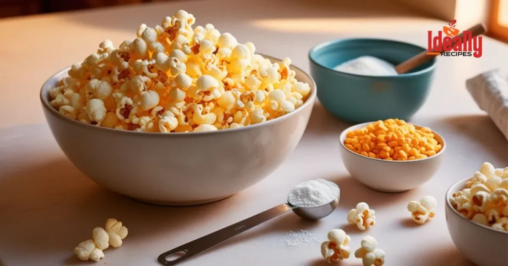 Bowl of white cheddar popcorn with seasoning, perfect cheesy snack for movie nights