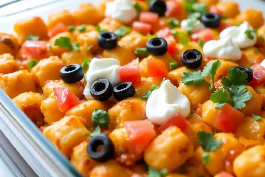 A close-up of a taco tater tot casserole in a glass baking dish, topped with melted cheese, dollops of sour cream, sliced black olives, chopped tomatoes, and fresh cilantro, with a vibrant and appetizing look.