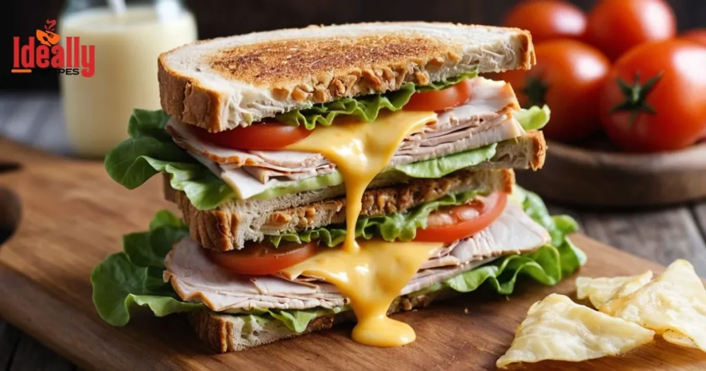 Delicious turkey and cheese sandwich with fresh lettuce and tomato on toasted bread